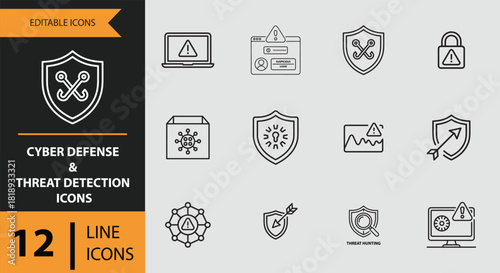 12 Cyber Defense and Threat Detection Icons outline icon set. Outline cyber defense icons for online threat detection