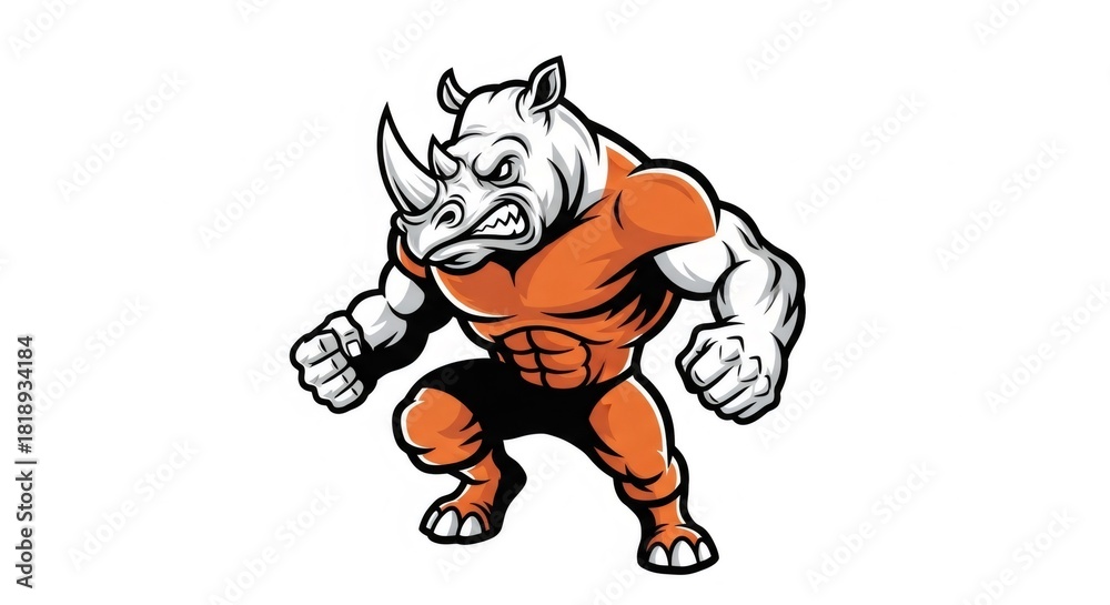 Fototapeta premium Angry White Rhinoceros Cartoon Character with Orange Athlete Outfit on Clean White Background Aggressive Animal with Human Like Body and Attitude Digital Art