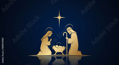 Elegant golden Nativity scene with Mary, Joseph, and baby Jesus under shining star, perfect for Christmas cards and holiday celebrations, faith and tradition