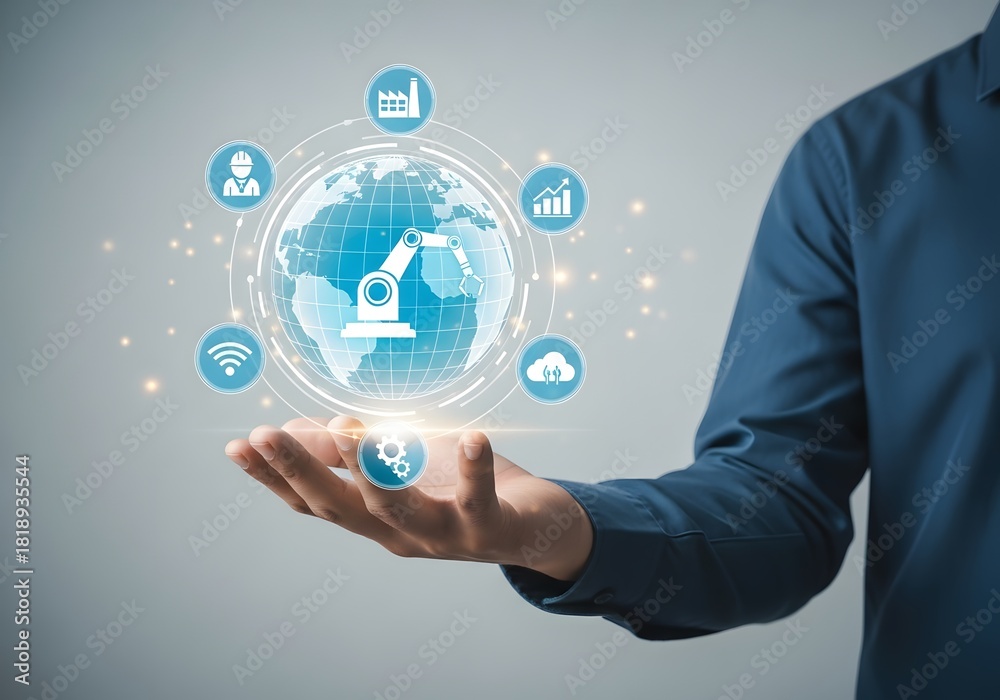 Obraz premium Person holding a globe with industry icons representing global industrial automation concept