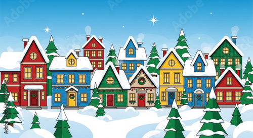 Charming winter village scene with snow covered houses and Christmas trees evokes cozy holiday spirit and festive cheer, perfect for greeting cards