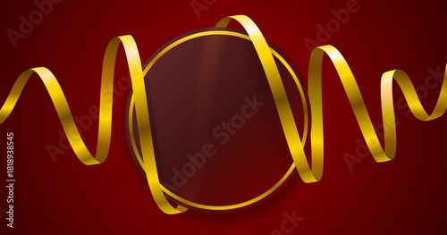 Luxury red background with golden swirling ribbons and a circular frame.