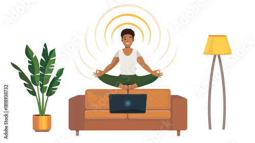 Serene individual in lotus pose gracefully floating in abstract empty space representing peace meditation and spiritual journey with vibrant color accents