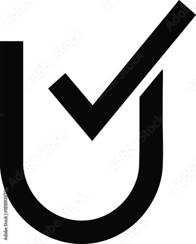 Clean black checkmark icon inside a stylized letter U. This minimalist vector graphic symbolizes approval, confirmation, or completion