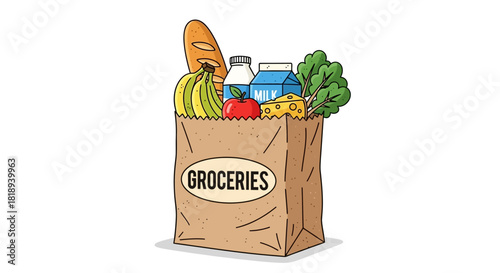 Groceries cartoon illustration a brown paper bag brimming with groceries including fresh produce