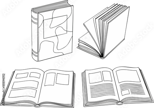 Collection of black and white line art illustrations of books, including a closed hardcover, a flipped open volume, and open pages showing text and comic layouts