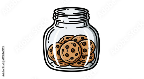 Hand drawn illustration of glass jar filled with chocolate chips cookies isolated on white