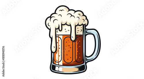 Festive cartoon illustration of a frothy beer mug with dynamic bubbles and a classic handle design