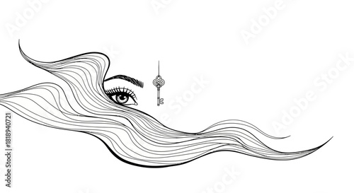 Mysterious gaze amidst flowing currents with a floating key to an unknown realm