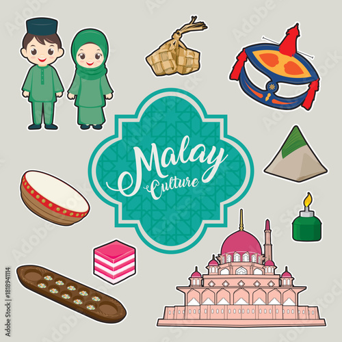 Vector illustration set of vibrant Malaysian Malay culture elements and traditional symbols