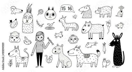 Black and White Doodle Illustration featuring Animals and a Girl Holding a Paint Brush