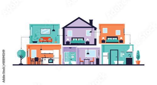 Cutaway view of a modern house interior showing different rooms and their connections