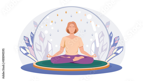 Serene individual meditating within a circular levitating ring symbolizing past experiences and personal growth in a tranquil abstract setting