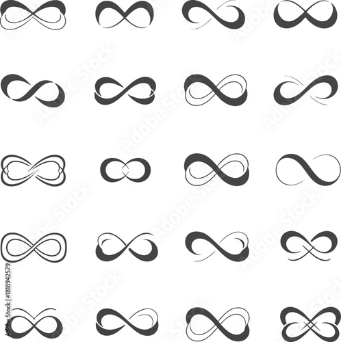 Collection of infinity symbols in different styles. Concepts of endless love, eternity, and limitless possibilities