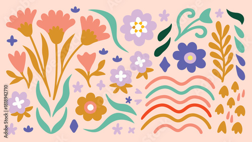 Whimsical abstract botanical design with soft pastel purple hues featuring organic shapes and floral inspired elements for a delicate and artistic aesthetic