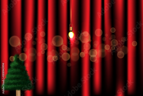 Happy new year 2026 Christmas background with red curtain and a Christmas tree. Vector illustration.