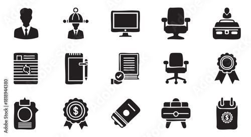 Monochrome silhouette icons depicting business personnel and financial symbols arrangement
