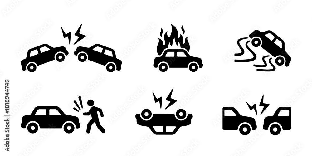 Φωτογραφία Set of six black and white icons depicting various car accidents, including collisions, pedestrian hit, car skidding, burning car, hitting a tree, and hitting a pole