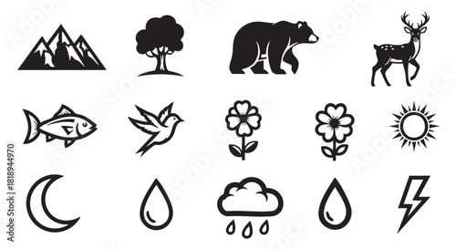 Nature Elements Graphic Symbols Mountain Tree Fish Bird Moon Water Drop