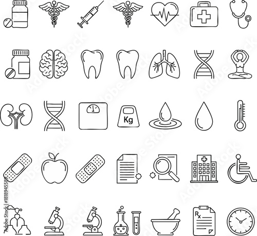 Comprehensive vector outline icon set covering healthcare, medical equipment, and scientific research symbols