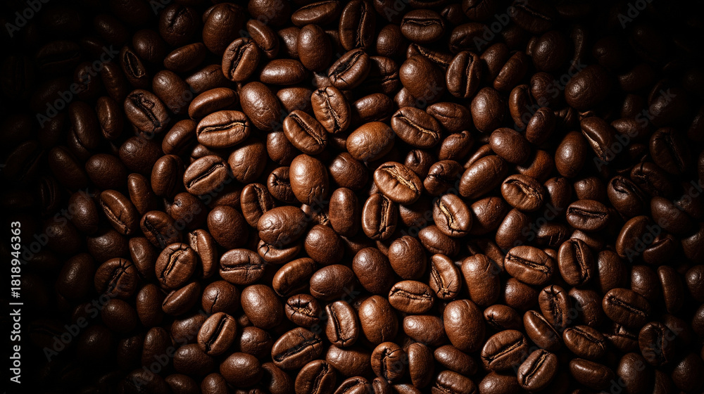 Naklejka premium Close up of roasted coffee beans with rich brown tones and subtle highlights