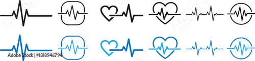Collection of heartbeat and ecg line icons in black and blue, featuring various styles including pulse lines, heart shapes, and monitor displays, representing medical and health concepts isolated on t
