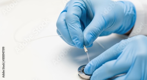 Medical device being prepared with hands in blue gloves, device is carefully assembled on clean white surface. Medical device technology is visible as healthcare component and equipment.