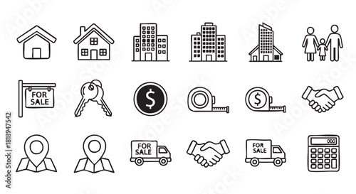 Real Estate Icons Collection Representing Houses Apartments Sales and Locations