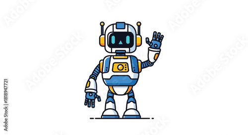Friendly cartoon robot waving hello with a cheerful expression and blue and white design