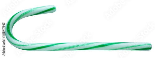 Green and white candy cane for Christmas isolated on a transparent png background.