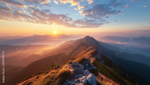 Realistic Sunrise Mountain Landscape with Misty Valley