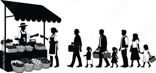 Black vector silhouette of a farmers market stall with a long queue of customers buying fresh vegetables, isolated shopping scene illustration.