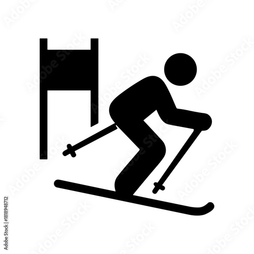 Ski racer icon with athlete speeding downhill between gates in alpine slalom competition. Perfect for winter sports and race concepts. Vector illustration.