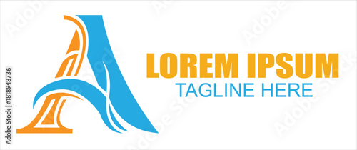 Stylized letter a logo in orange and blue, with lorem ipsum and tagline here text, suitable for modern branding, isolated on white background