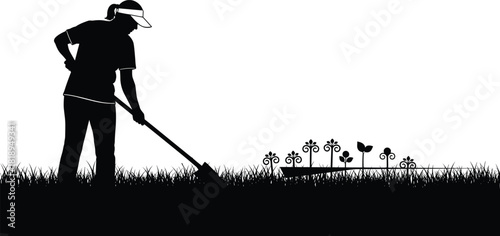 Black vector silhouette of a female gardener wearing a visor, cultivating the soil with a hoe in a grassy field with flowers.
