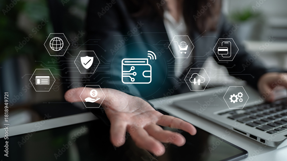 Naklejka premium Digital wallet improves online payment, enhances transaction security, and supports financial technology innovation Parse