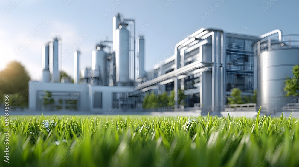 Fototapeta premium A futuristic and eco friendly industrial facility featuring advanced architecture metallic towers and complex pipelines juxtaposed with a vibrant dew kissed green lawn and clear blue sky