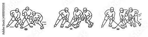 Group of hockey players competing for puck during intense match.