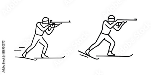 Biathlon sport with athletes skiing and shooting rifles.