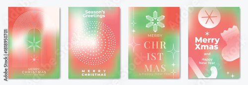 Christmas and Happy New Year vector illustration with soft gradient colors, festive ornaments, trees and holiday elements — elegant design for cards, posters and prints.