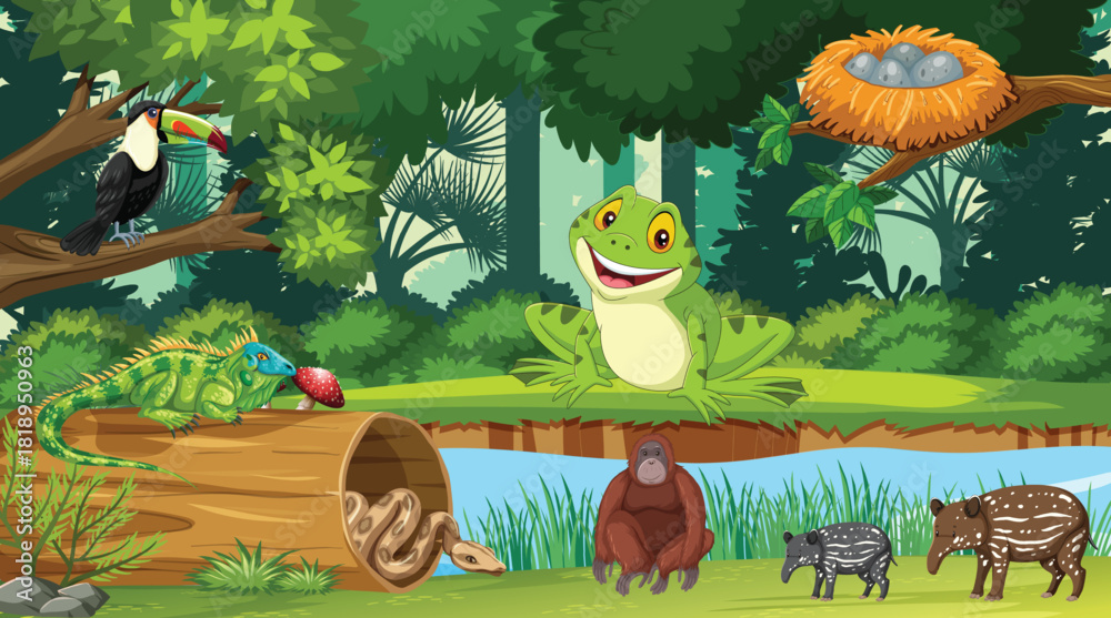Naklejka premium Forest or rainforest scene with tiger family