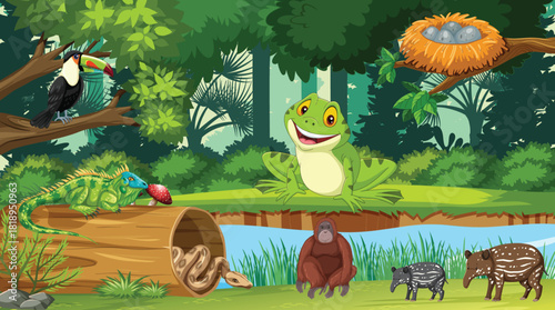 Forest or rainforest scene with tiger family