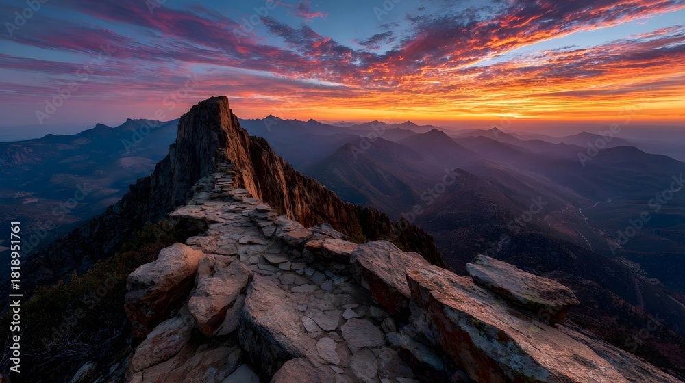 Obraz premium View from a mountain summit, looking along a sharp, rocky ridge at a spectacular, fiery sunset that fills the sky with orange and pink clouds.