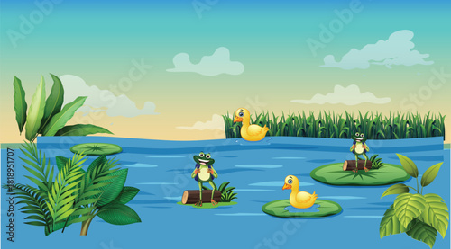 Forest or rainforest scene with tiger family