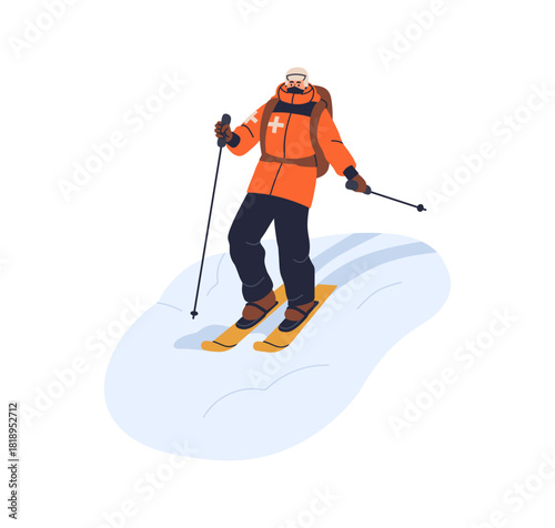 Ski patrol rescuer. Skier, snow mountain resort patroller, winter safety and rescue worker in uniform. Professional emergency aid helper. Flat vector illustration isolated on white background.