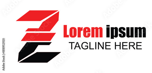 Modern abstract letter z logo design with placeholder text lorem ipsum and tagline here, featuring red and black geometric shapes, isolated on white background