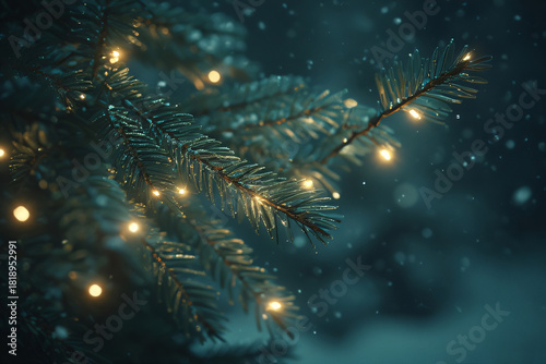 christmas tree with lights, snow and green leaves