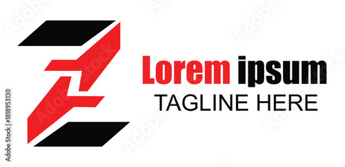 Stylized red and black letter z logo design with placeholder text lorem ipsum and tagline here, isolated on white background