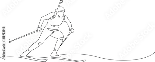 Continuous line art illustration of a biathlon athlete skiing and aiming a rifle, ideal for winter sports
