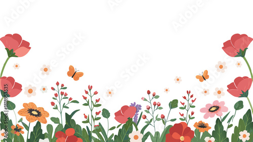 Vibrant red poppy floral pattern with lush green leaves creating a beautiful and lively botanical design perfect for various decorative applications
